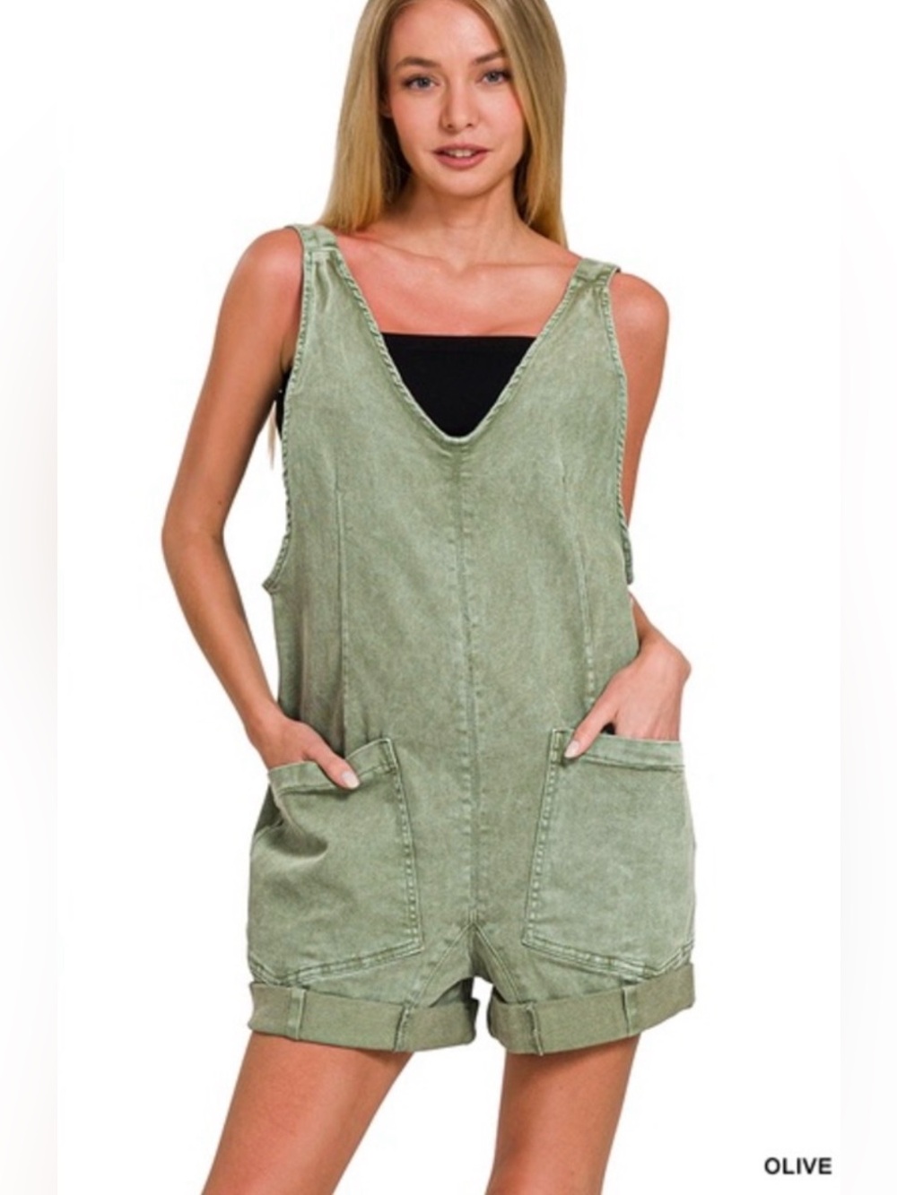 Zenana NWT Washed Adjustable Strap Romper 2 Pockets